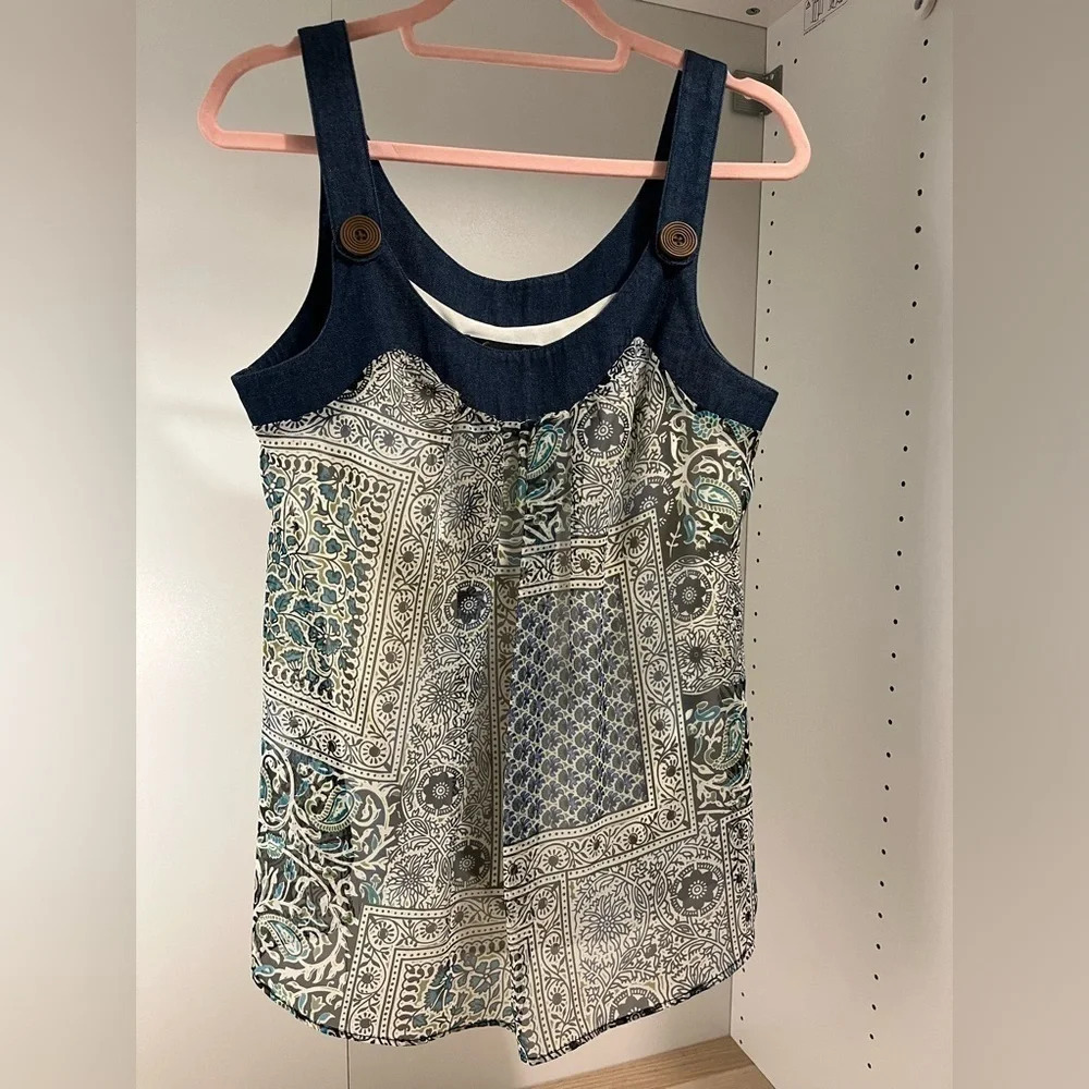 BE YOURSELF Tank top vintage women M denim trim wooded buttons scarf print lined